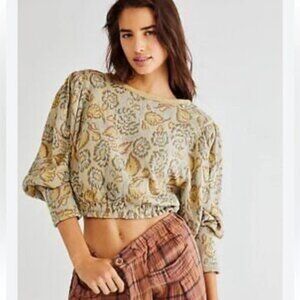 Free People Top Floral Puff Sleeve No Ordinary Oatmeal Combo Boho Retro Medium